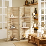 HOMCOM 5 Panel 67" Tall Wood Privacy Screen Room Divider with 3 Display Shelves, and Folding Storage for Bedroom or Home Office, Natural Wood