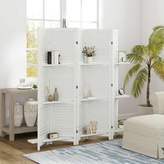 HOMCOM 5 Panel 67" Tall Wood Privacy Screen Room Divider with 3 Display Shelves, and Folding Storage for Bedroom or Home Office, White