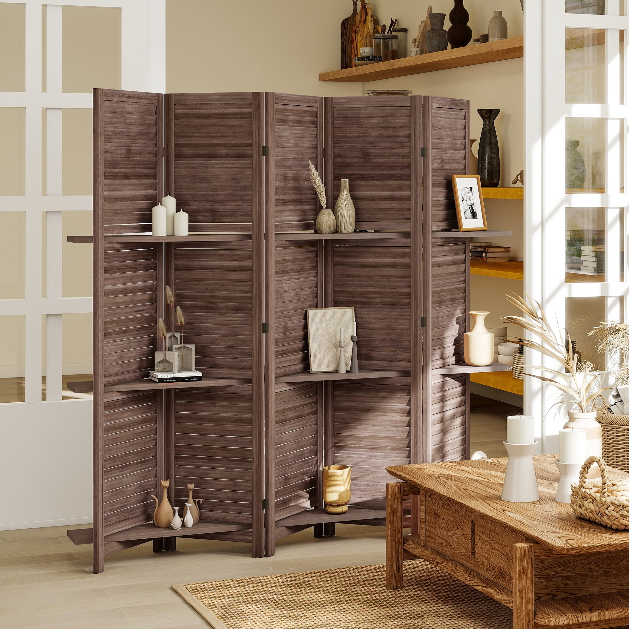 HOMCOM 5 Panel 67" Tall Wood Privacy Screen Room Divider with 3 Display Shelves, and Folding Storage for Bedroom or Home Office, Walnut