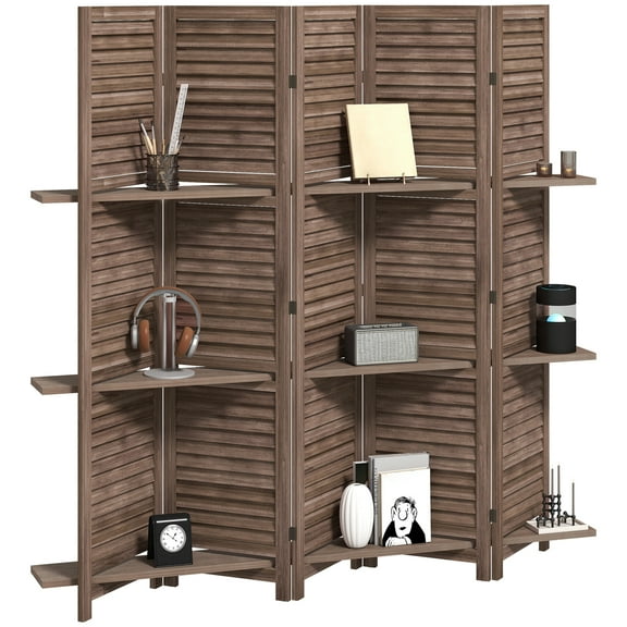 HOMCOM 5 Panel Privacy Screen, Room Divider with 3 Shelves, Walnut
