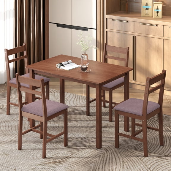HOMCOM 5-Piece Solid Wood Dining Table Set for 4, Farmhouse Kitchen Table with Upholstered Chairs for Small Space, Dining Room, Light Brown