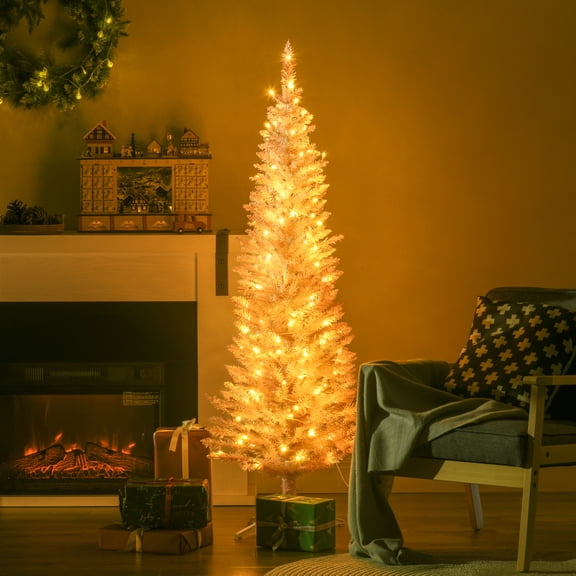 HOMCOM 5' Prelit Artificial Christmas Tree with Warm White LED Lights Pink