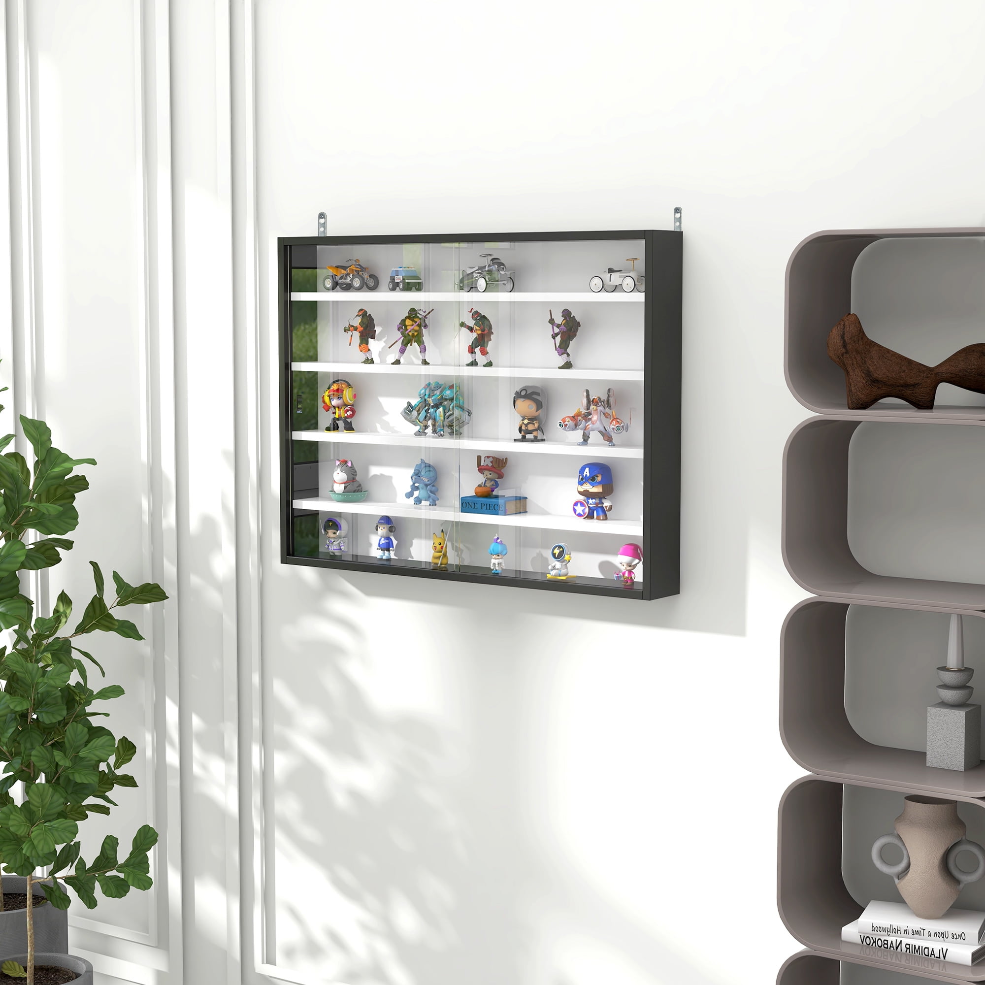 Black and White Wall Mounted Display Cabinet with Adjustable Shelves