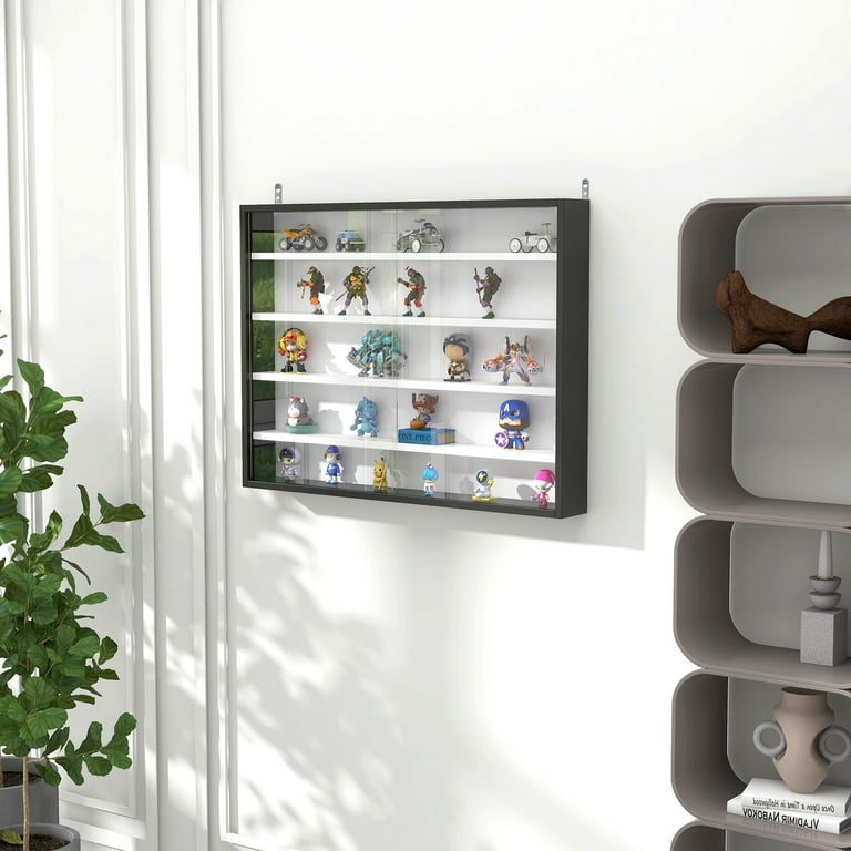 HOMCOM 5 Tier Display Cabinet Wall Mounted Glass Door Cabinet with 4 Adjustable Shelves Black Walmart
