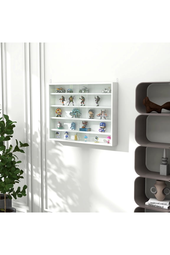 5-Tier Display Cabinet, Glass Display Case with 2 Doors and Adjustable Shelves, Wall-Mounted, White
