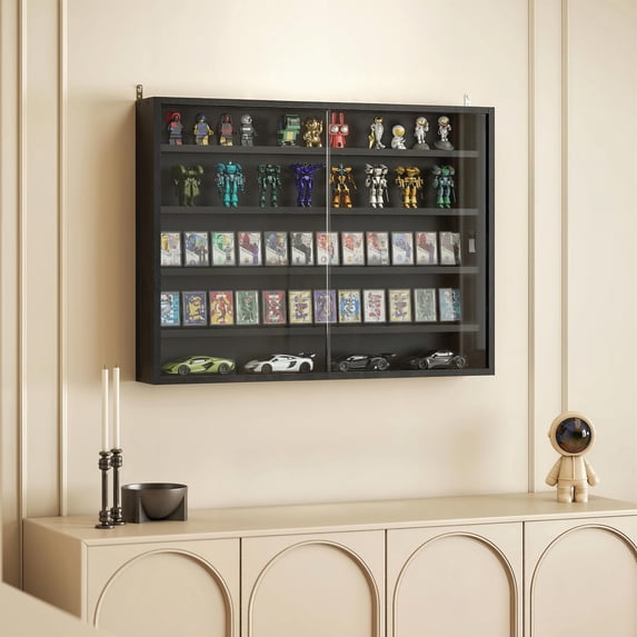 HOMCOM 5-Tier Display Cabinet, Wall-Mounted Glass Door Cabinet with 4 Adjustable Shelves, Black