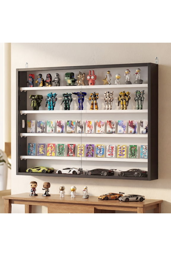 5-Tier Display Cabinet, Wall-Mounted Glass Door Cabinet with 4 Adjustable Shelves, Black