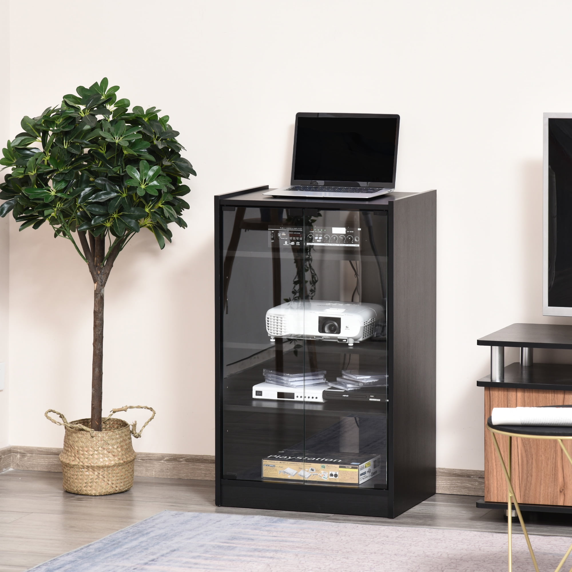 Black 5-Tier Media Console with Tempered Glass Doors