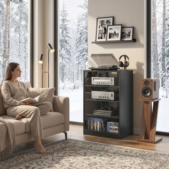 HOMCOM 5-Tier Media Stand Cabinet with 3-Level Adjustable Shelves, Tempered Glass Doors, and Cable Management, Distressed Black