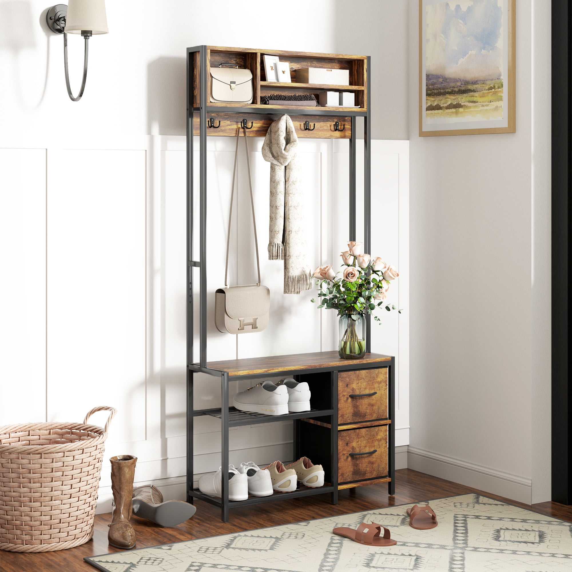 HOMCOM, 5-in-1 Hall Tree with Storage Bench, Distressed Dark Brown ...