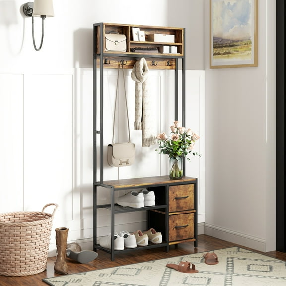 HOMCOM 5-in-1 Hall Tree with Bench and Shoe Storage, Entryway Bench with Coat Rack, 3 Storage Compartments, 2 Fabric Drawers, Distressed Dark Brown