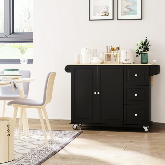 HOMCOM 50.75" Mobile Kitchen Island Storage Trolley Cart with Dropleaf Top, Black