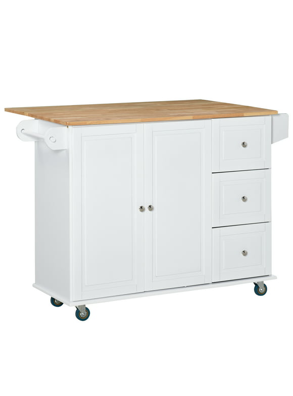 HOMCOM 50.75" Mobile Kitchen Island Storage Trolley Cart with Dropleaf Top, White