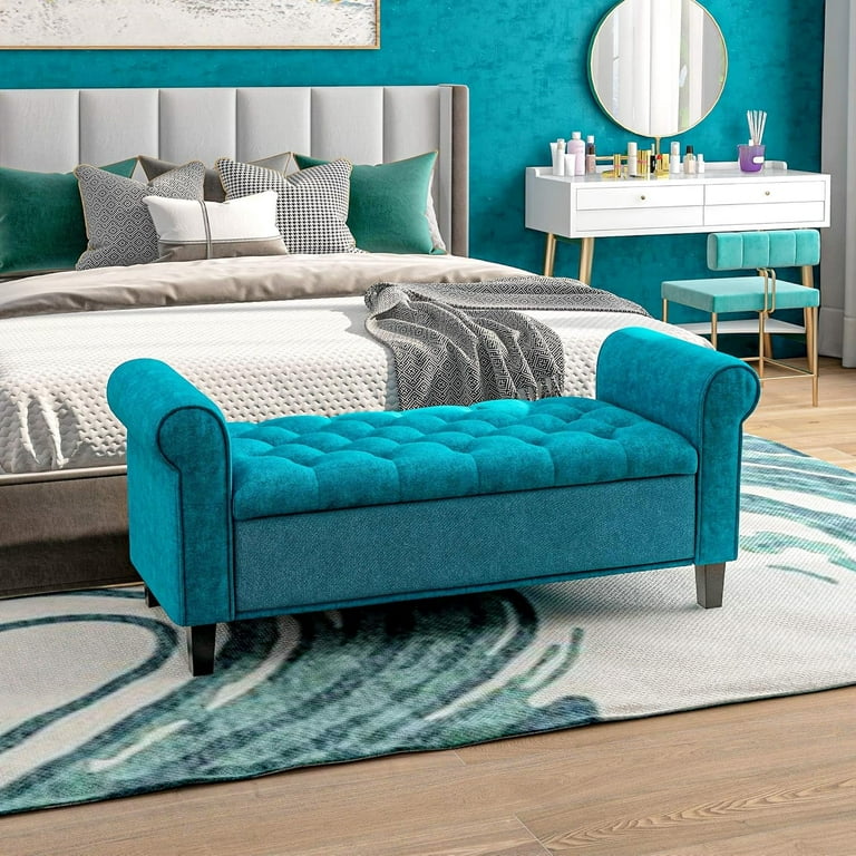 HOMCOM 50 Storage Ottoman Bench Upholstered End of Bed Bench with Rolled Arms Wood Legs Button Tufted Storage Bench with Safety Hinges for Living Room Entryway Bedroom Teal Walmart