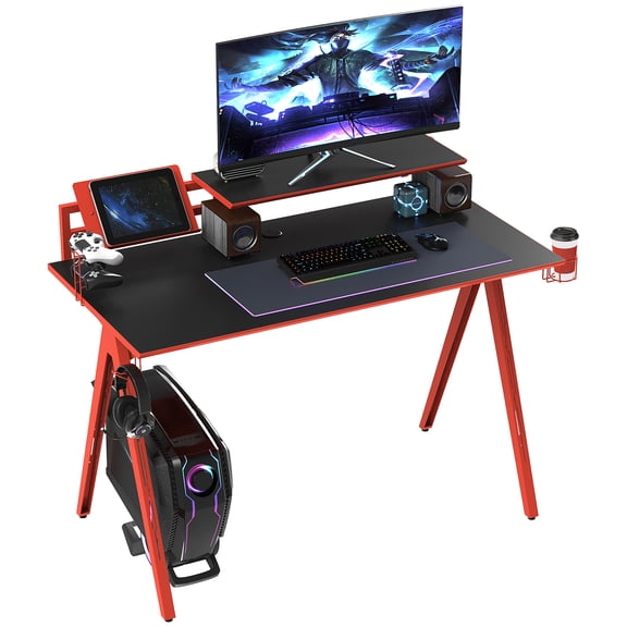 HOMCOM 53" Gaming Desk, Racing Computer Desk with Monitor Shelf, Gamepad Rack, Cup Holder, Headphone Hook, and Cable Basket, Red