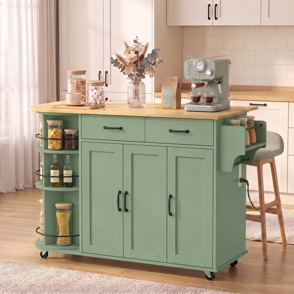 HOMCOM 53" Kitchen Island with Power Outlet and Drop Leaf, Kitchen Cart on Wheels with 360° Rotating Rack, 2 Drawers, Adjustable Shelves, Sage Green
