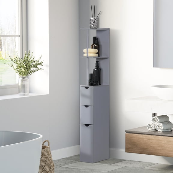 HOMCOM 54" Tall Bathroom Storage Cabinet, Freestanding Linen Tower with 2-Tier Shelf and Drawers, Narrow Side Floor Organizer, Gray