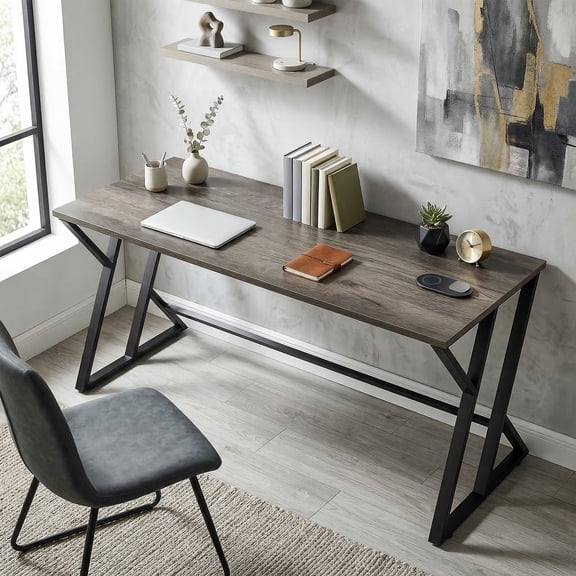 HOMCOM 55 Inch Computer Desk, Industrial Writing Desk with Z-Shaped Metal Leg, Study Table for Home Office, Distressed Gray