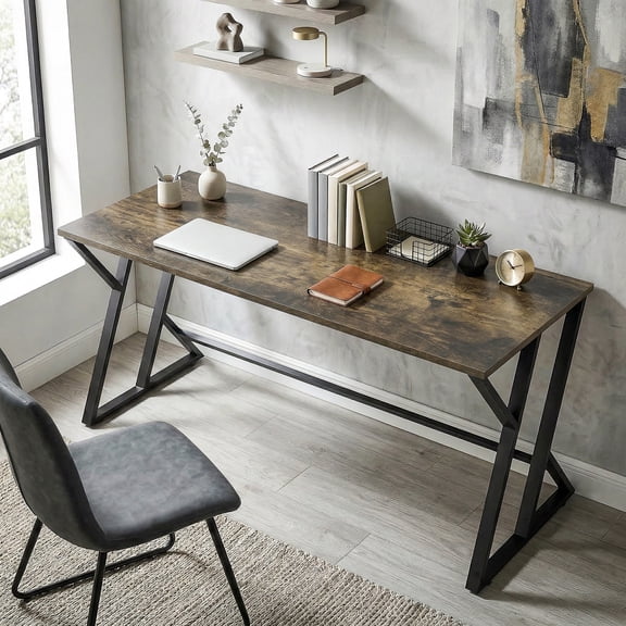 HOMCOM 55 Inch Computer Desk, Industrial Writing Desk with Z-Shaped Metal Leg, Study Table for Home Office, Rustic Brown