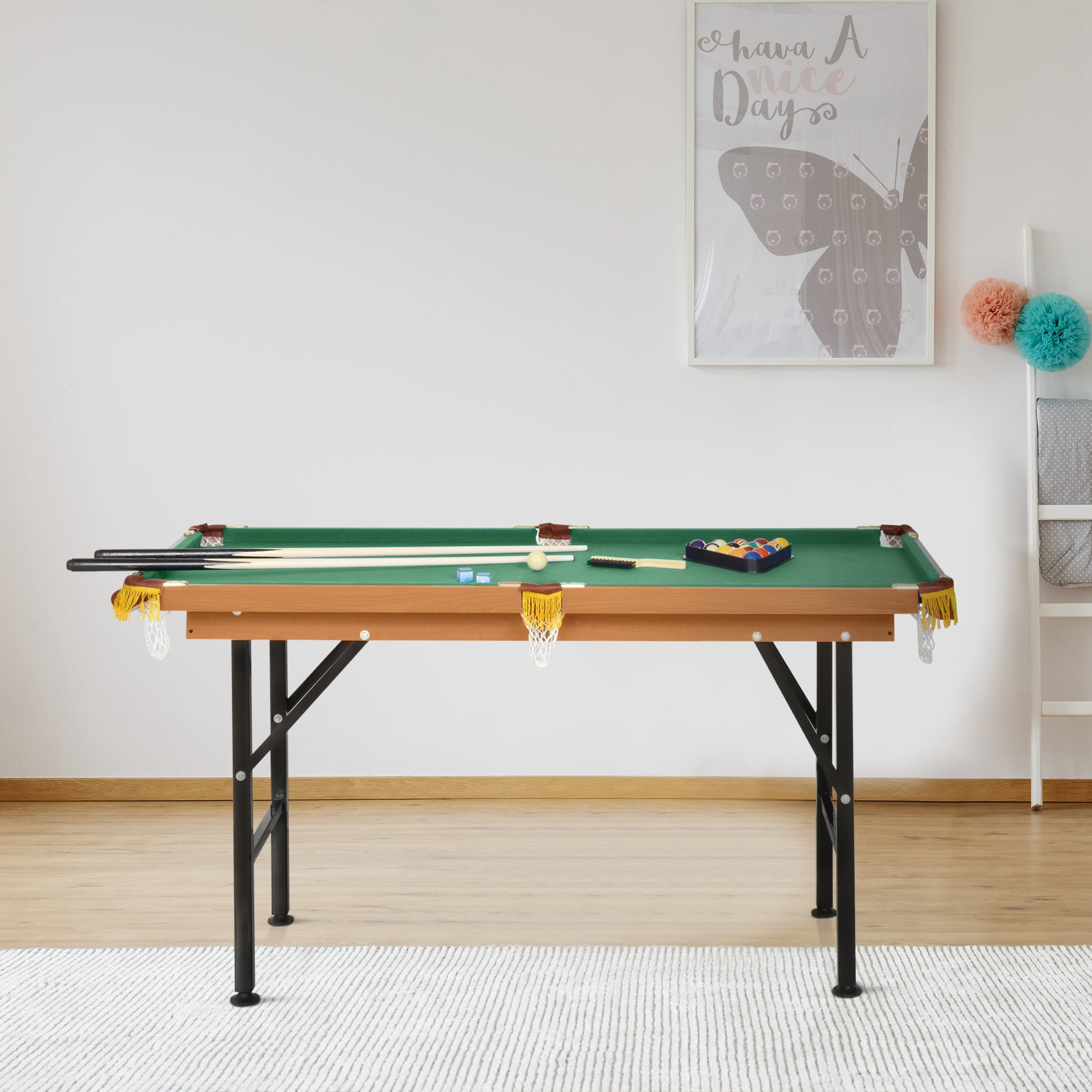 Soozier 55'' Portable Folding Billiards Table Game Pool Table for Whole Family Number Use With Cues, Ball, Rack, Brush, Chalk, Green