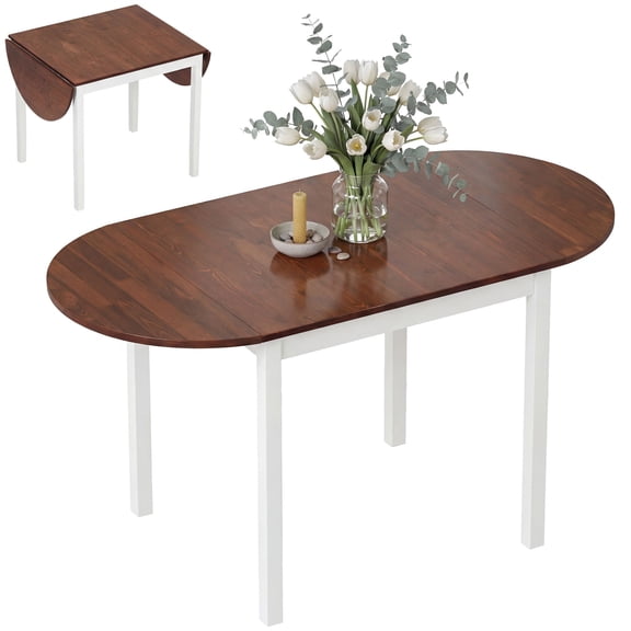 HOMCOM 55" Wood Drop Leaf Dining Table, Expandable Pinewood Kitchen Table with Two Side Leaves, Brown and White, Space-Saving Design for Small Dining Room, Kitchen or Office