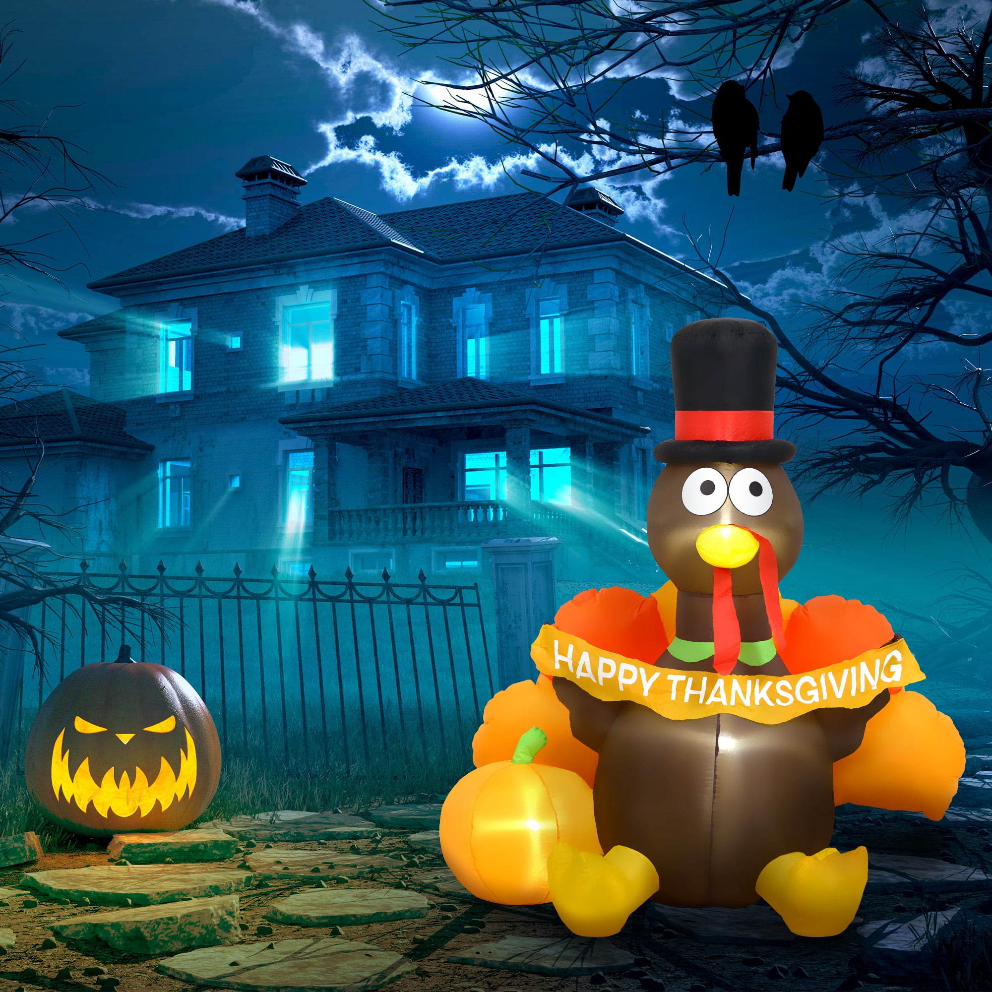 HOMCOM 5ft Inflatable Thanksgiving Turkey Pulls Banner with Pumpkin ...
