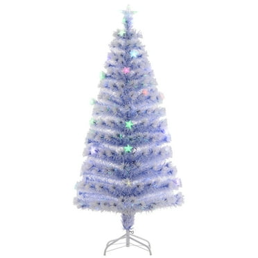HOMCOM 5ft Tall Pre-Lit Douglas Fir Artificial Christmas Tree with Realistic Branches, Multi-Color LED Lights, Fiber Optics and 180 Tips - White/Blue