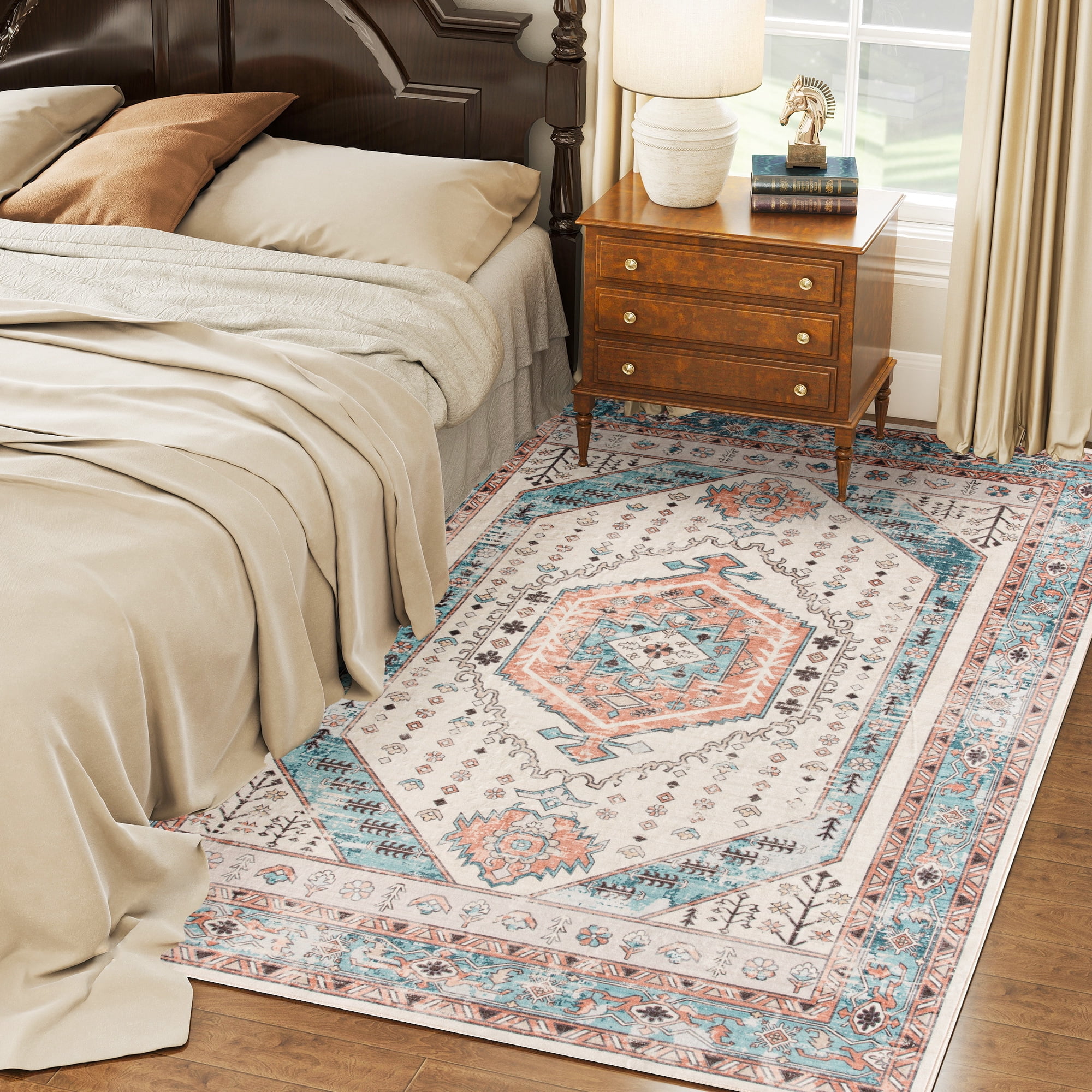 HOMCOM 5x7 Area Rug, Vintage Machine Washable Rug, Non-Slip Floor Carpet for Living Room, Bedroom, Dining Room, Home Office, Brown and Blue