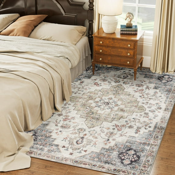 HOMCOM 5x7 Area Rug, Vintage Machine Washable Rug, Non-Slip Floor Carpet for Living Room, Bedroom, Dining Room, Home Office, Brown and Green