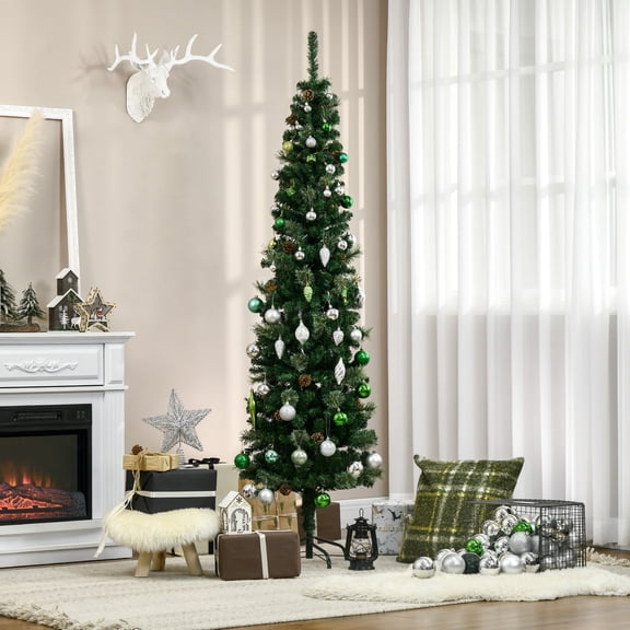 HOMCOM 6.5 FT Pencil Artificial Christmas Tree, Slim Pine Needles Xmas Tree with Realistic Branches, Pine Cones, Metal Base, Green