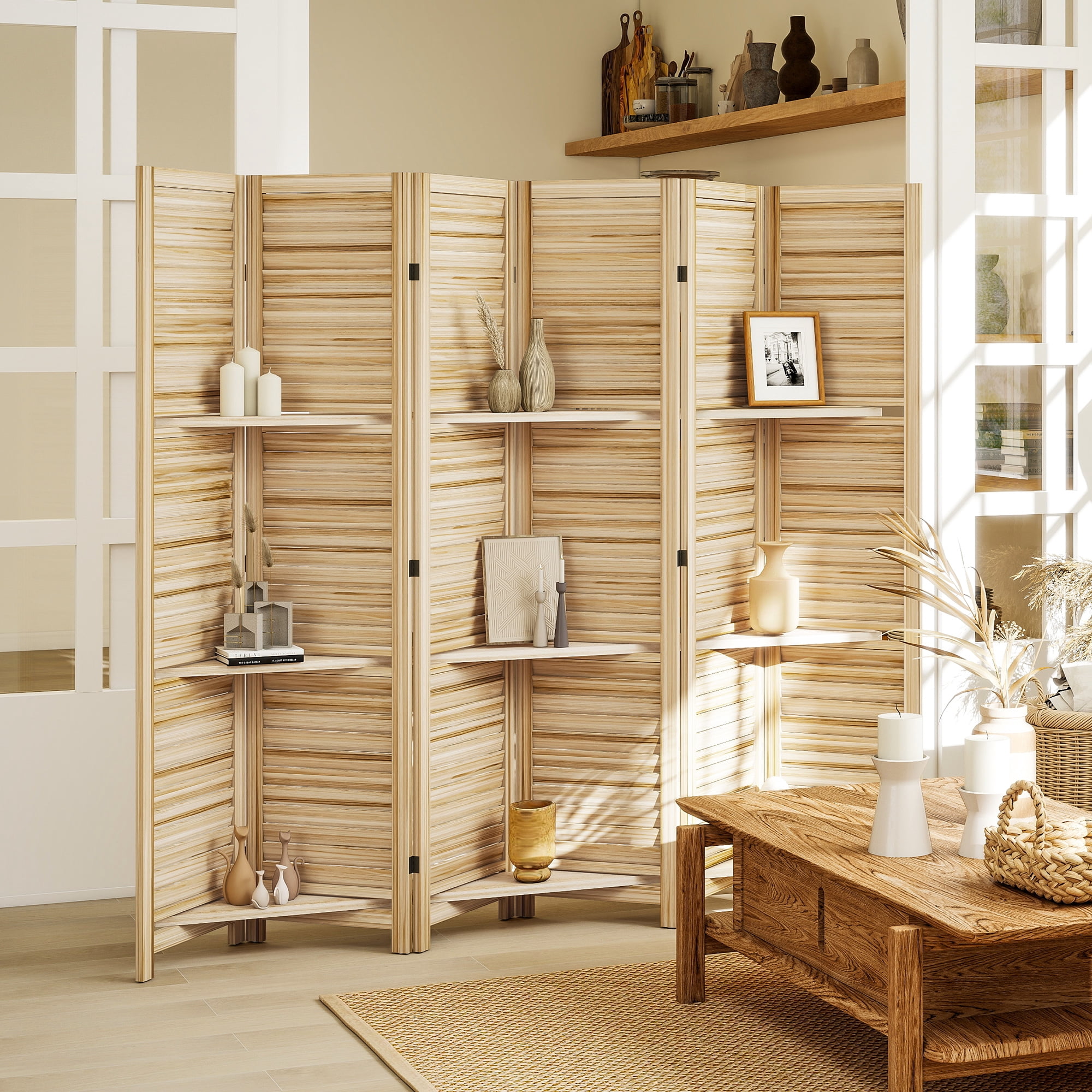 HOMCOM 6 Panel 67" Tall Wood Privacy Screen Room Divider with 3 Display Shelves, and Folding Storage for Bedroom or Home Office, Natural Wood