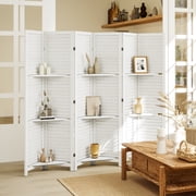 HOMCOM 6 Panel 67" Tall Wood Privacy Screen Room Divider with 3 Display Shelves, and Folding Storage for Bedroom or Home Office, White