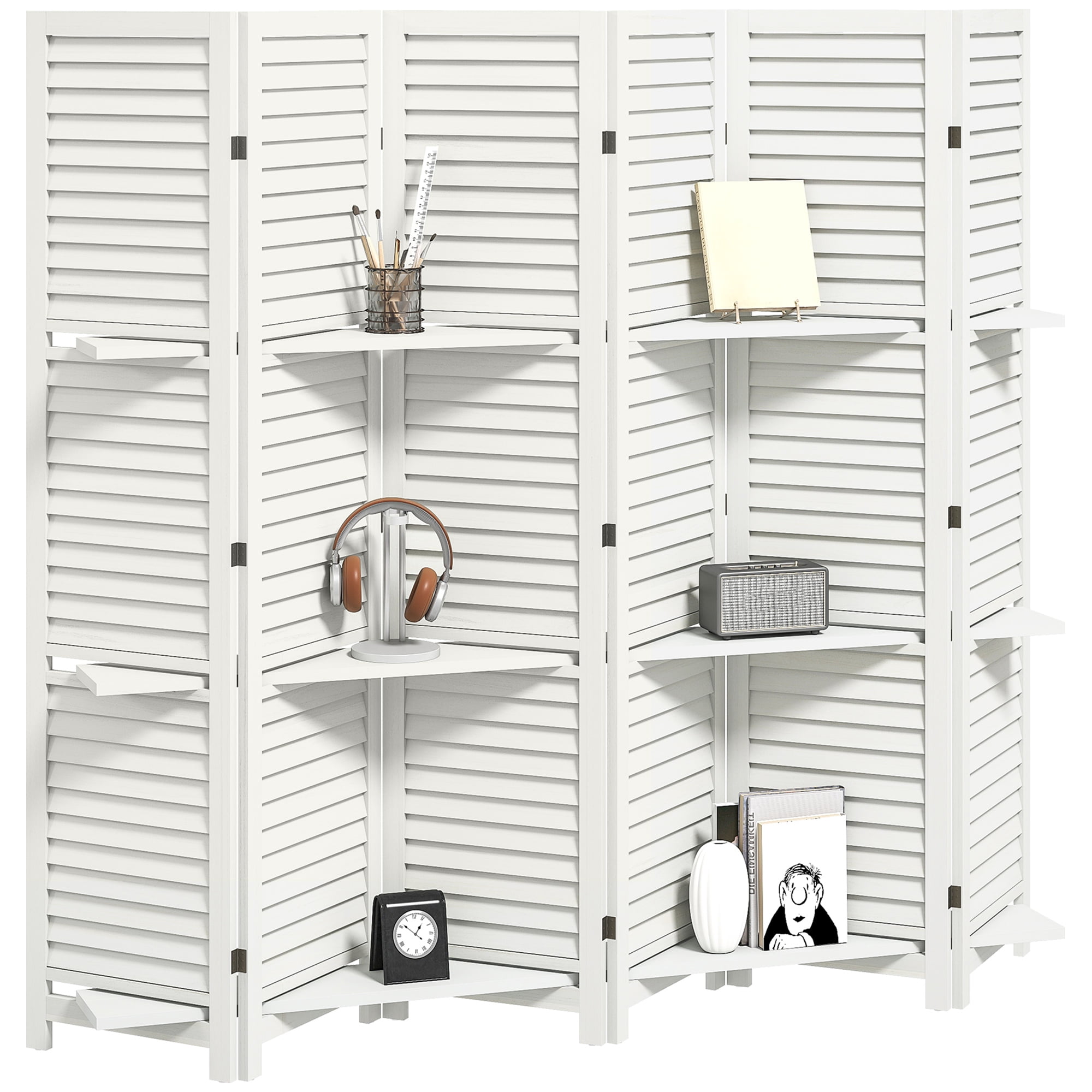 HOMCOM 6 Panel Privacy Screen, Room Divider with 3 Shelves White