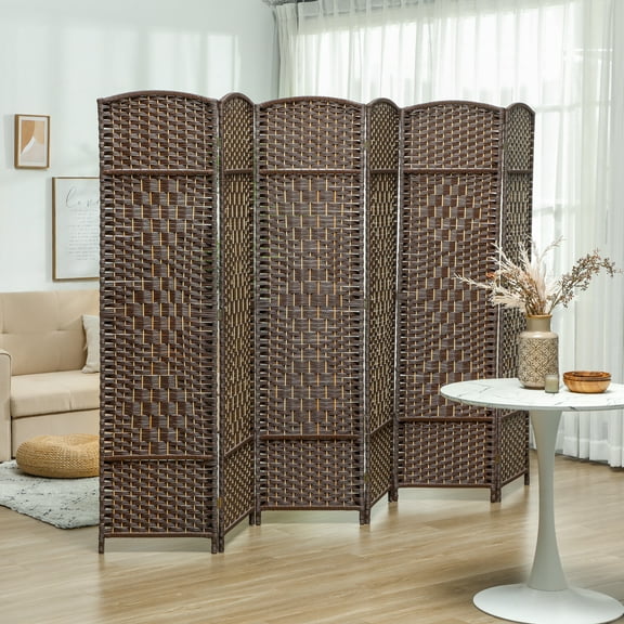 HOMCOM 6 Panel Room Divider, 6' Tall Folding Privacy Screen, Woven Freestanding Wood Partition for Home Office, Bedroom, Brown