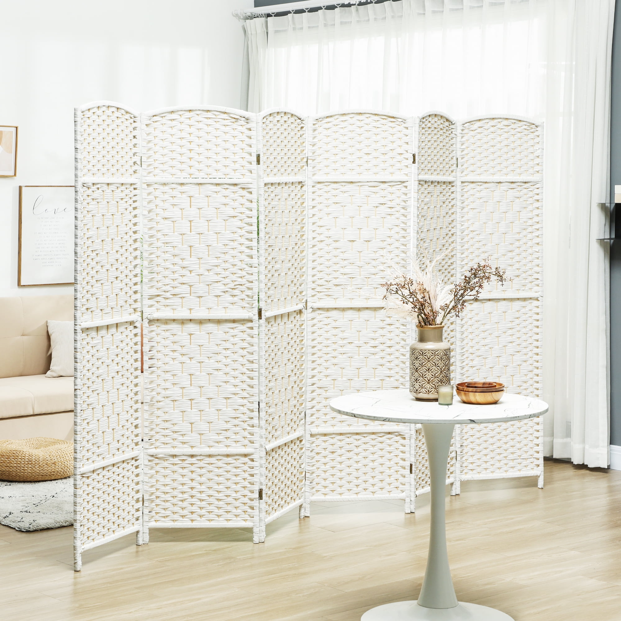 HOMCOM 6 Panel Room Divider, 6' Tall Folding Privacy Screen, Hand-Woven Freestanding Wood Partition for Home Office, Bedroom, White