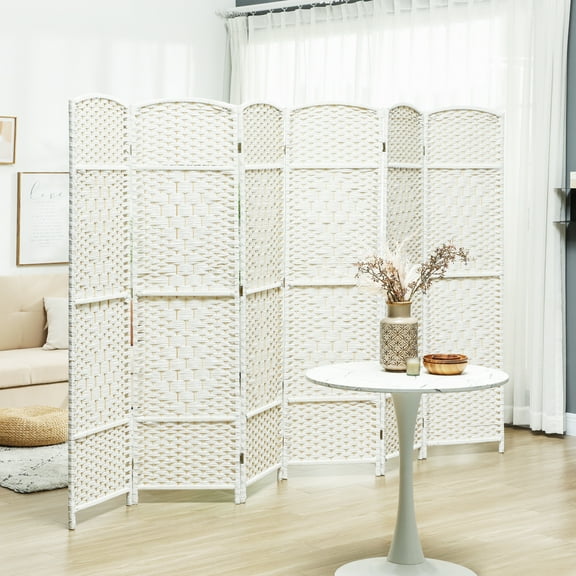 HOMCOM 6 Panel Room Divider, 6' Tall Folding Privacy Screen, Hand-Woven Freestanding Wood Partition for Home Office, Bedroom, White