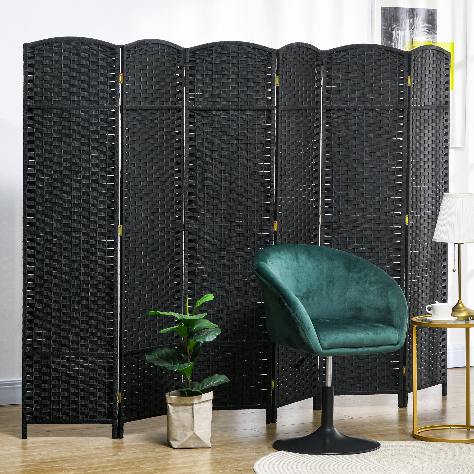 Black 6-Panel Folding Privacy Screen with Pine Wood Frame