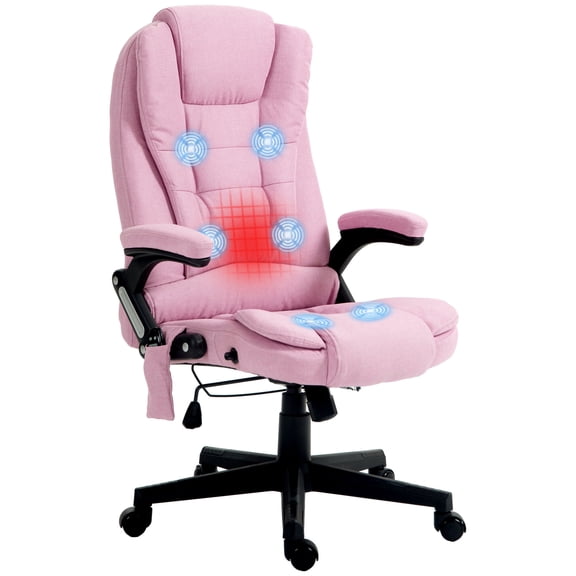 HOMCOM 6 Point Vibrating Massage Office Chair with Heat, Linen High Back Executive Chair Reclining Backrest Padded Armrests Remote Pink for Home Office