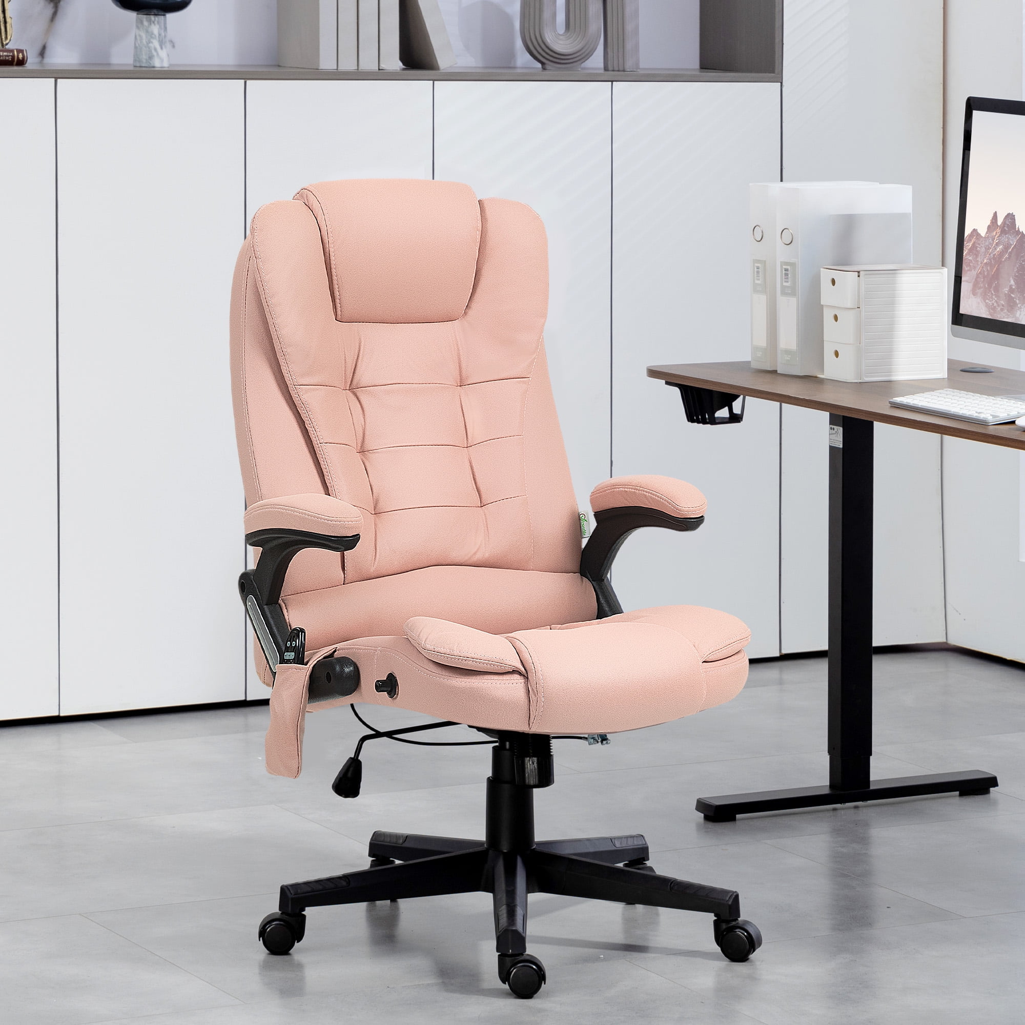 HOMCOM 6 Point Vibrating Massage Office Chair with Heat, Microfiber High Back Executive Office Chair with Reclining Backrest, Armrests, Pink