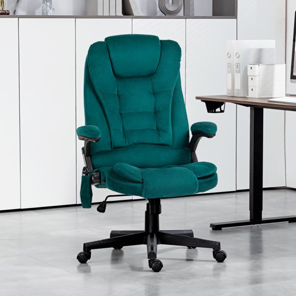 HOMCOM 6 Point Vibrating Massage Office Chair with Heat, Velvet High Back Executive Office Chair with Reclining Backrest, Armrests, Dark Green