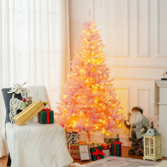 HOMCOM 6' Prelit Artificial Christmas Xmas Tree White LED 1000 Tip Pink