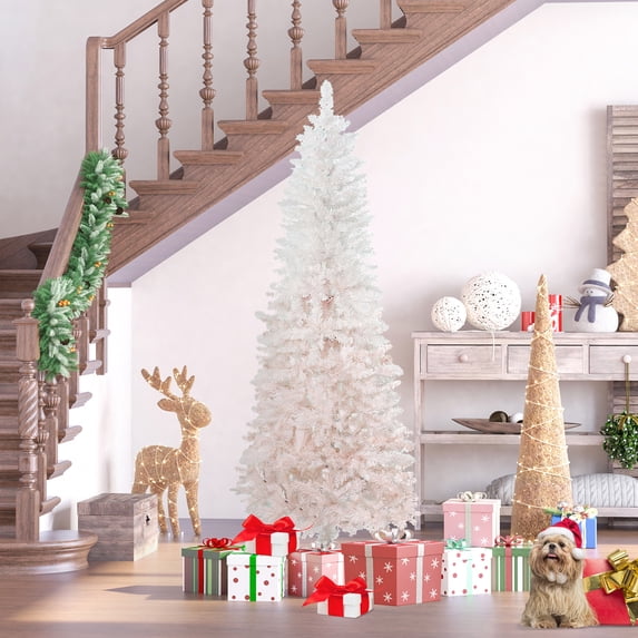 HOMCOM 6 FT Tall Unlit Pencil Fir Artificial Christmas Tree with Realistic Branches and 406 Tips, Pink and White