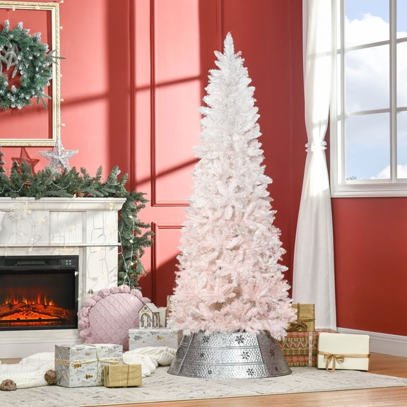 HOMCOM 6' Tall Unlit Pencil Fir Artificial Christmas Tree with Realistic Branches and Steel Base, Pink and White