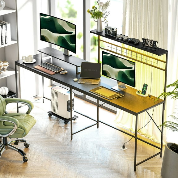 HOMCOM 61.6" L Shaped Desk with Power Outlets & LED Lights, Convertible Computer Desk with Monitor Stand and Computer Shelf for Home Office, Black