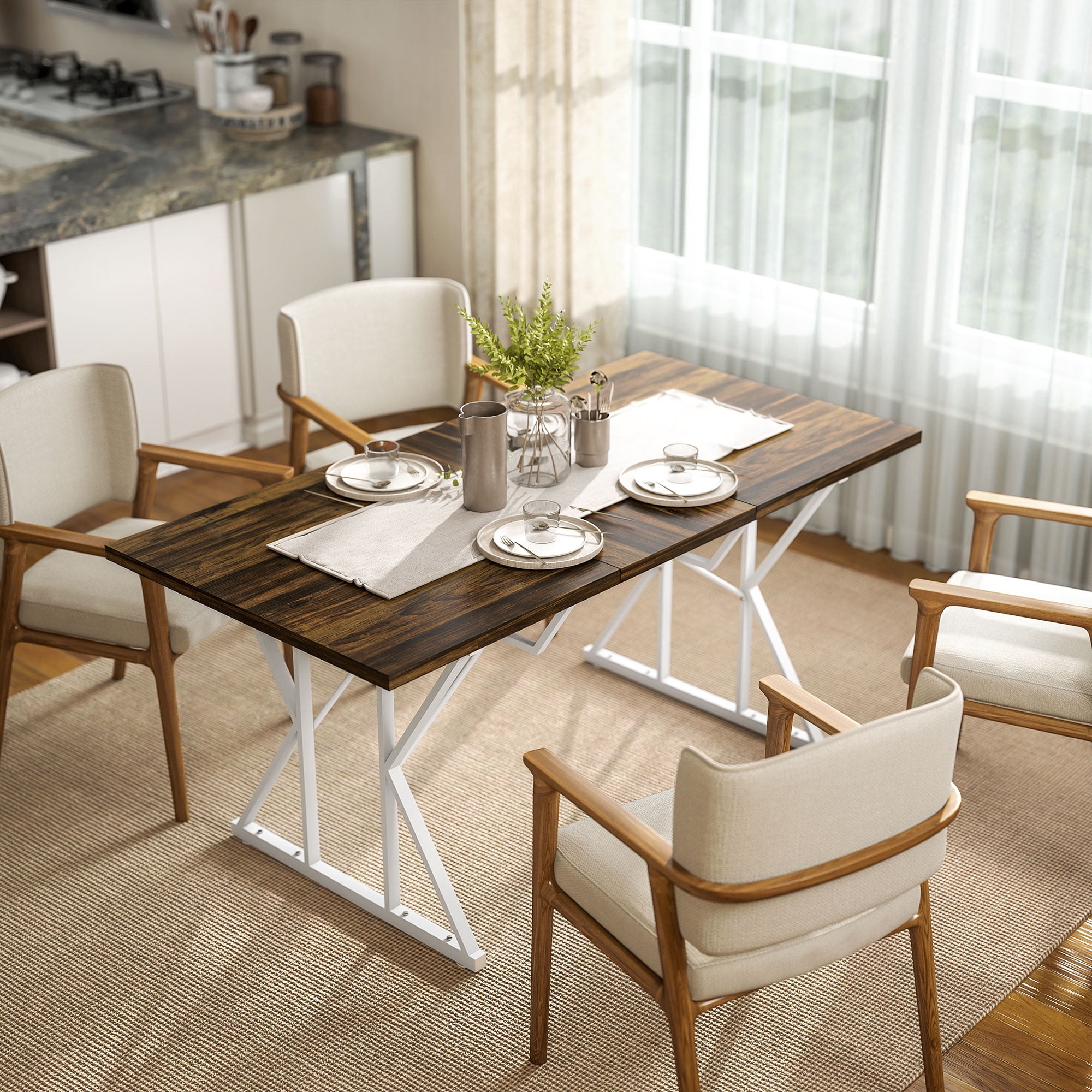 HOMCOM 47"-63" Expandable Dining Table for 4-6 People, Farmhouse Extendable Dining Room Table with Trestle Base, Kitchen Table, Distressed Brown