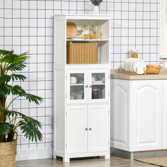 HOMCOM 63" Small Buffet with Hutch, 4-Door Kitchen Pantry, Freestanding Storage Cabinet with Adjustable Shelf for Dining Room, Living Room, White