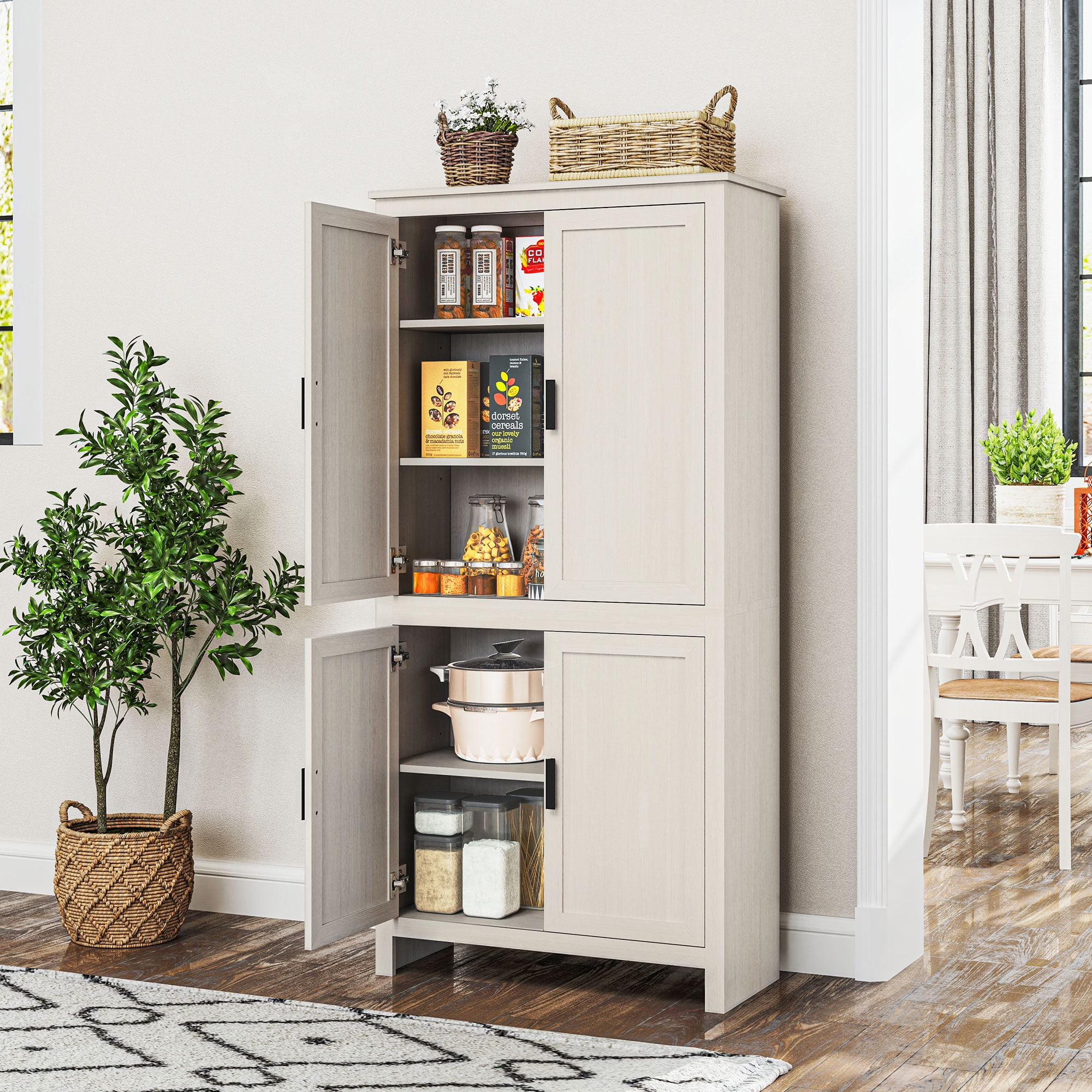 HOMCOM 64" 4-Door Kitchen Pantry, Freestanding Storage Cabinet with 3 Adjustable Shelves for Kitchen, Dining or Living Room, Antique White