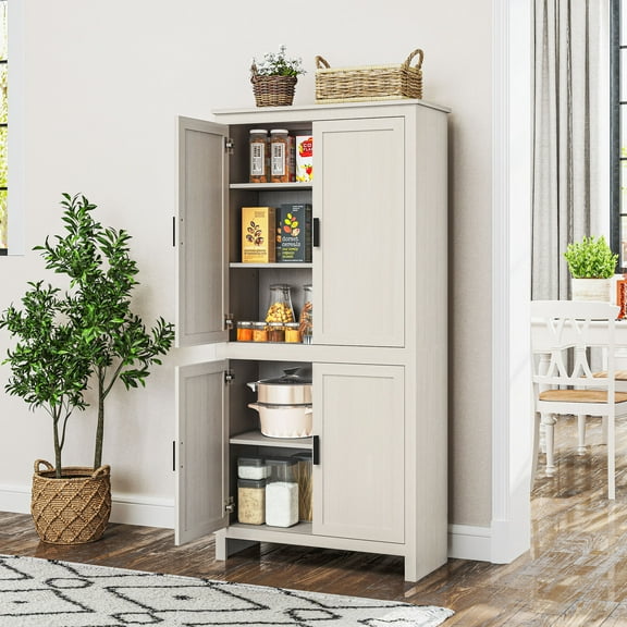 HOMCOM 64" 4-Door Kitchen Pantry, Freestanding Storage Cabinet with 3 Adjustable Shelves for Kitchen, Dining or Living Room, Antique White
