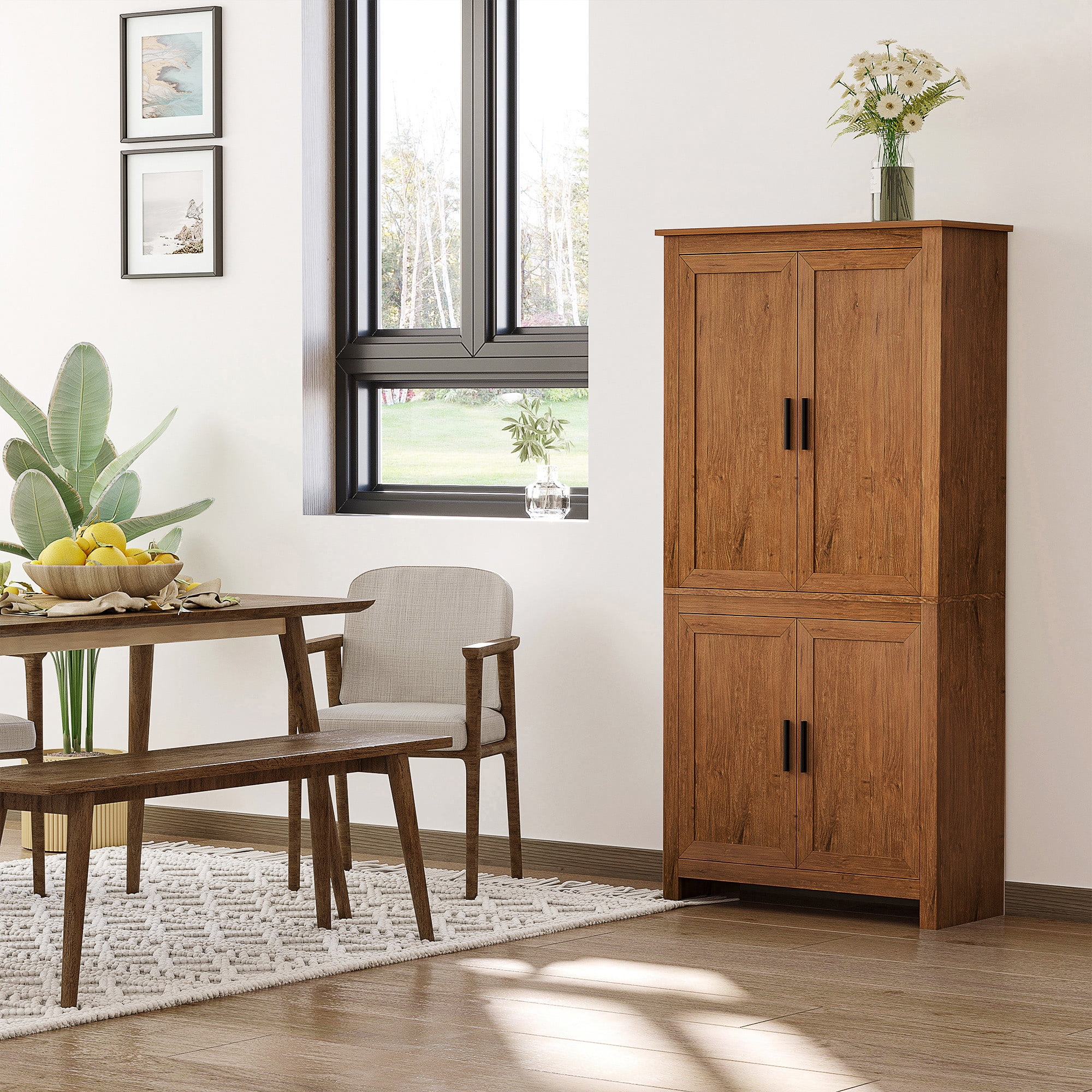 HOMCOM 64" 4-Door Kitchen Pantry, Freestanding Storage Cabinet with 3 Adjustable Shelves for Kitchen, Dining or Living Room, Oak