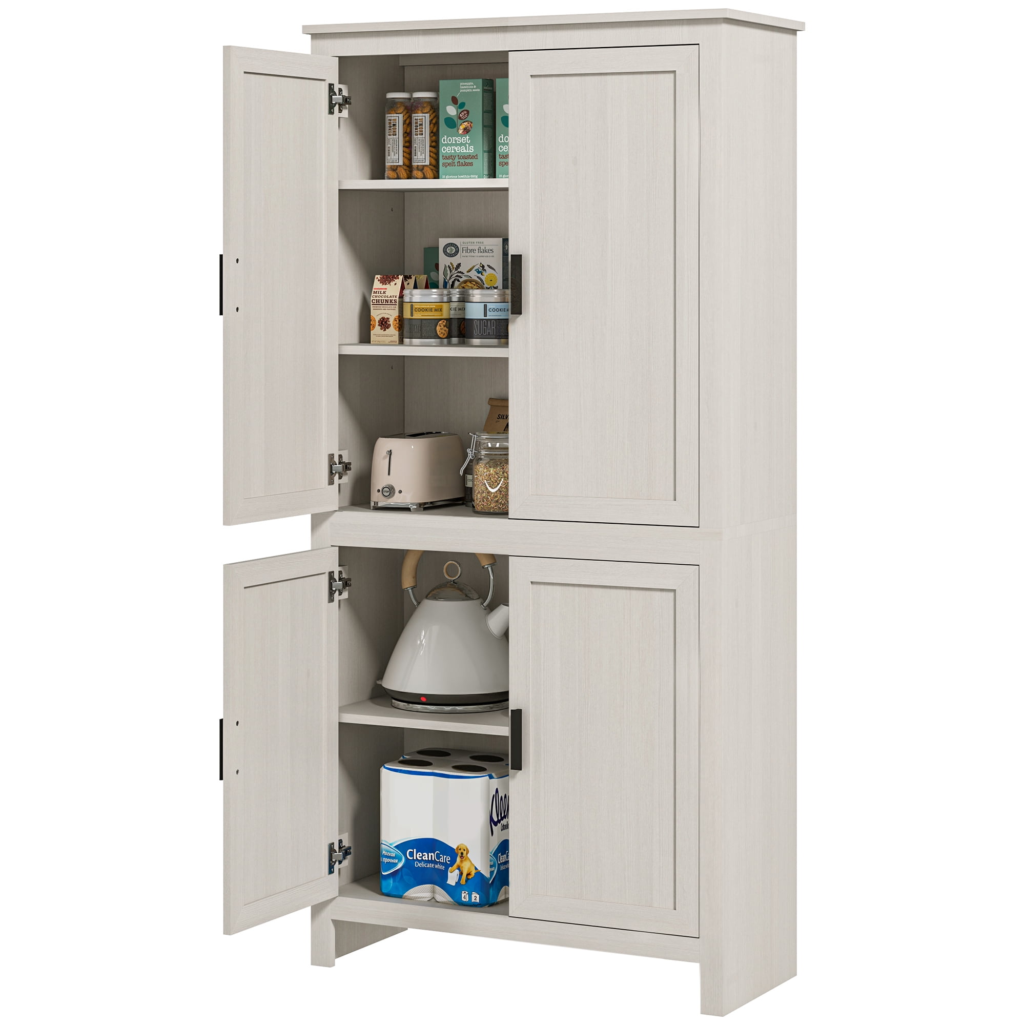 HOMCOM 64" Freestanding Kitchen Pantry Food Storage Cabinet w/ Shelves, White